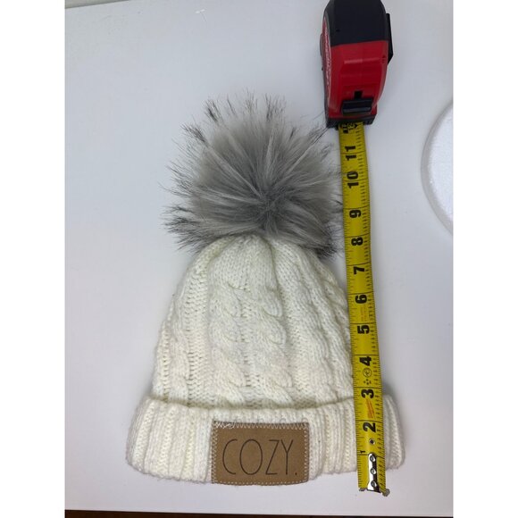 Rae Dunn "Cozy" Women's Ivory Cable Knit Pom Pom Beanie Winter Hat - Picture 8 of 10